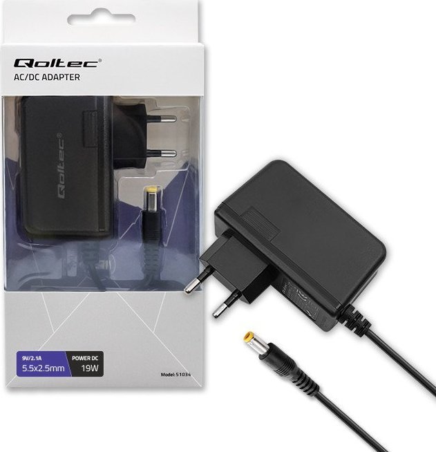Adaptor rryme Qoltec Plug in, 19W 9V 2.1A, prizë 5.5x2.5, i zi