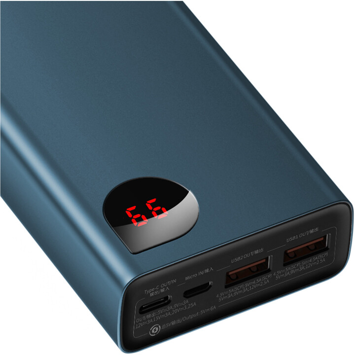 Powerbank me ekran dixhital Baseus Adaman Metal QC + PD, 20000mAh, 65W, i kaltër + kabllo USB-A/USB-C, 30cm, e zezë