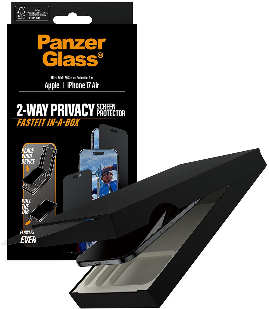 Држач за екран PanzerGlass Privacy, iPhone 17 Air, ultra-wide fit, проѕирен со црна рамка