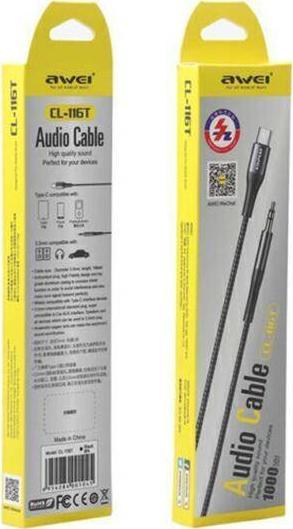 Kabllo audio Awei USB C në 3.5 mm, 1m, e zezë