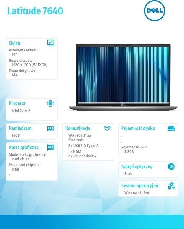 Laptop Dell L7640, 16", Intel Core i7-1365U, 16GB RAM, 512GB SSD
