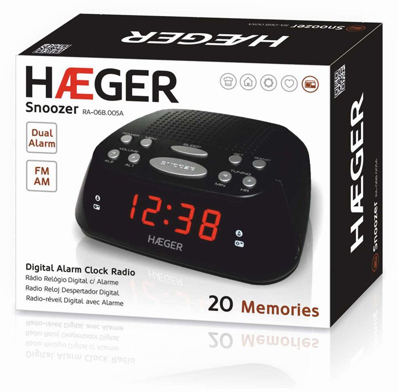 Radio orë HAEGER Snoozer, AM FM, funksion snooze dhe sleep, e zezë