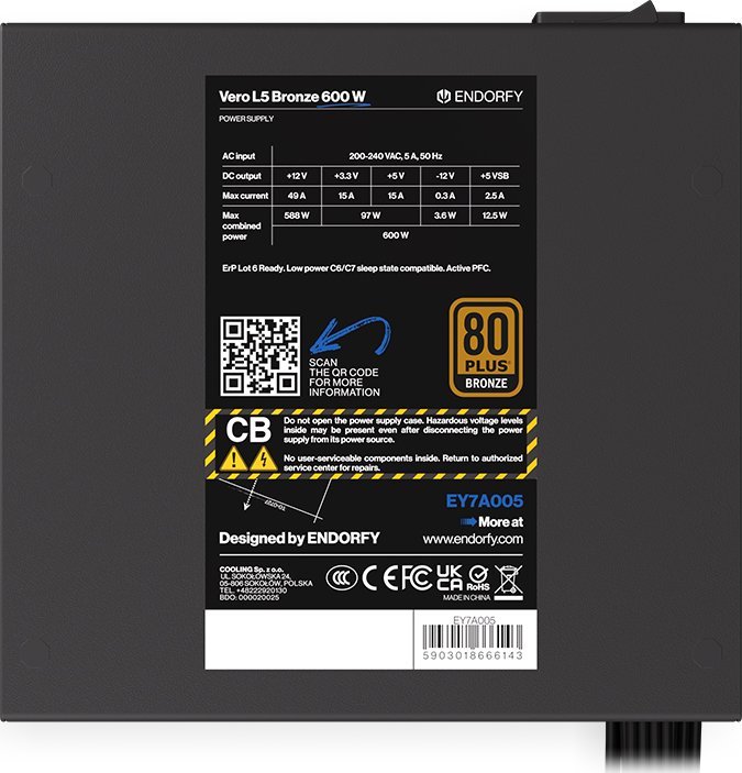 Furnizuesi i energjisë Endorfy Vero L5 Bronze 600W, 80 Plus Bronze, ATX, i zi