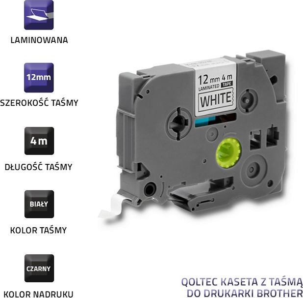 Shirit etiketues Qoltec TZe-231, 12mm x 4m, sfond i bardhë me printim të zi