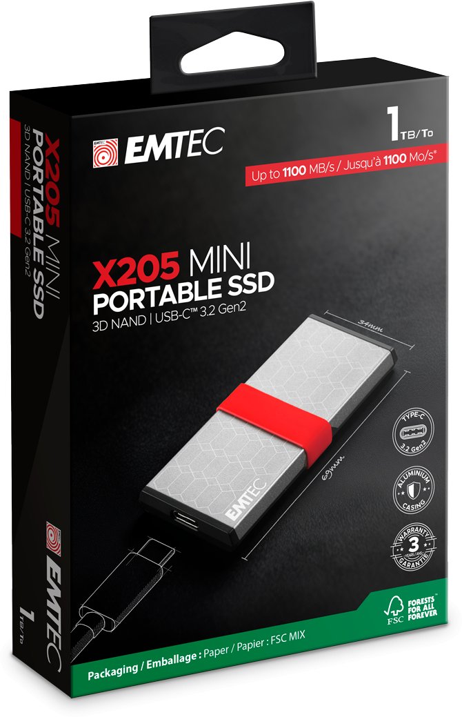 SSD i jashtëm Emtec X205, 1TB, USB 3.2 Gen2, argjendtë