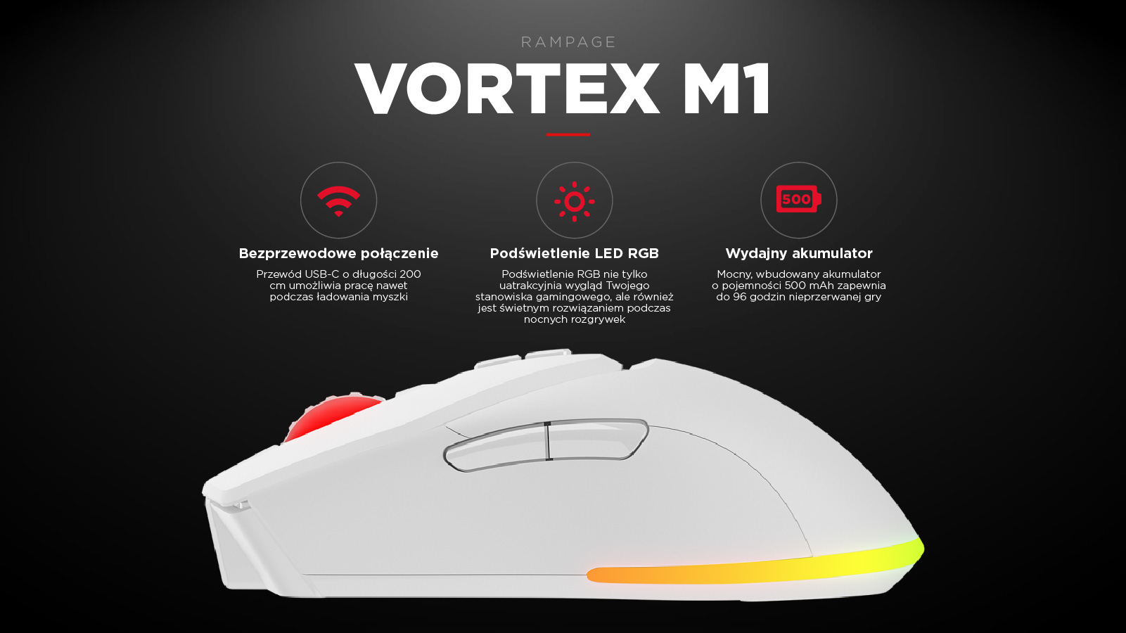Maus gaming Rampage Vortex M1, wireless, RGB, i bardhë