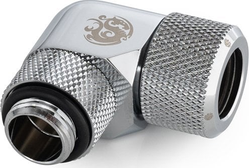 Adaptues uji Bitspower Advanced, 90°, G1/4 në hardtube 12mm, i argjendtë