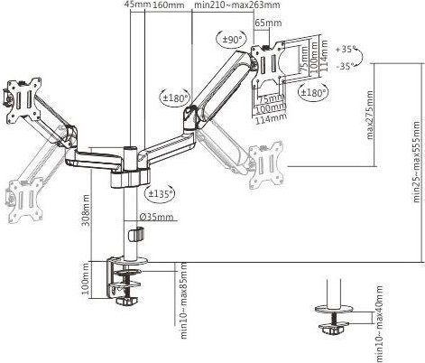 Mbajtëse për 2 monitora Gembird (MA-DA2P-01), 17''-32'', 9KG max, 75x75/100x100mm, e zezë