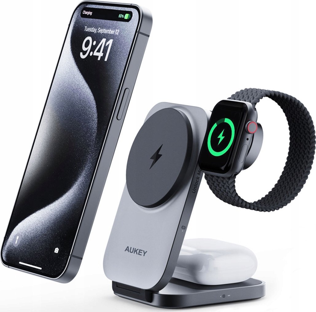 Karikues pa tela Aukey 3 në 1 MagSafe Qi2, 15W, për iPhone dhe Apple Watch, i zi