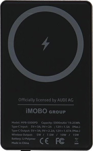 Power bank Audi AU-MWPB50, 5000mAh, karikim wireless 15W MagSafe, gri