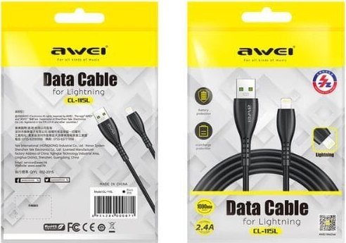Kabllo USB në Lightning Awei CL-115L, 1m, Fast Charging 2.4A, i zi