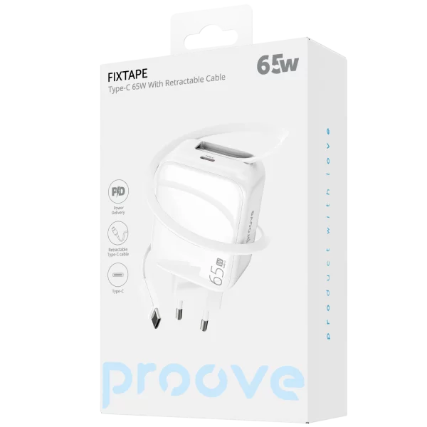 Karikues muri Proove Fixtape me kabllo të integruar Type-C, 65W, i bardhë