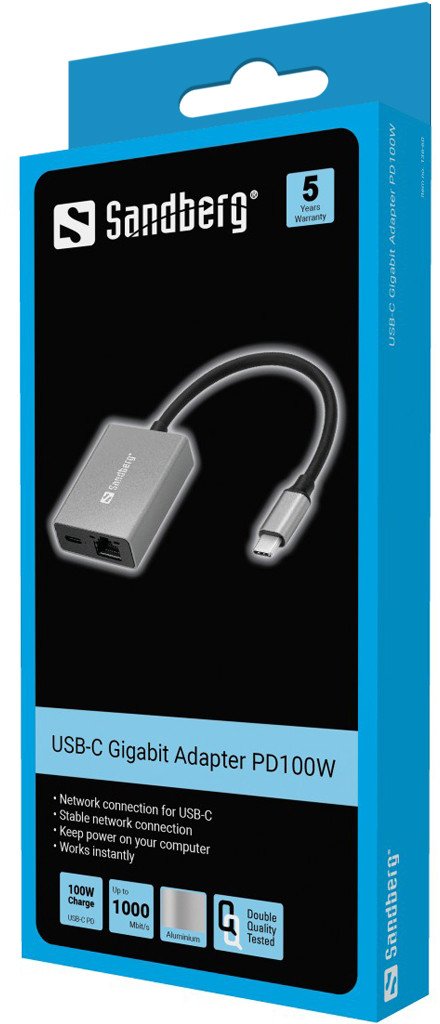 Adaptor rrjeti Sandberg USB C Gigabit PD100W, 1x RJ45, karikim 100W, gri