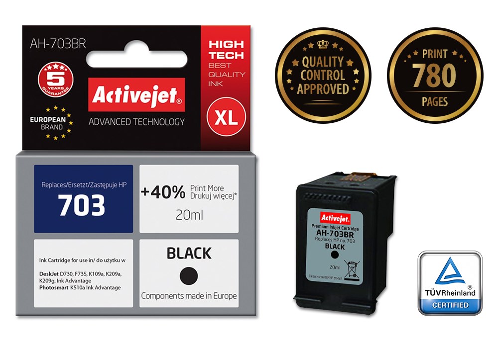 Ngjyrë për printer Activejet AH-703BR (zëvendësim për HP 703 CD887AE), 20 ml, e zezë