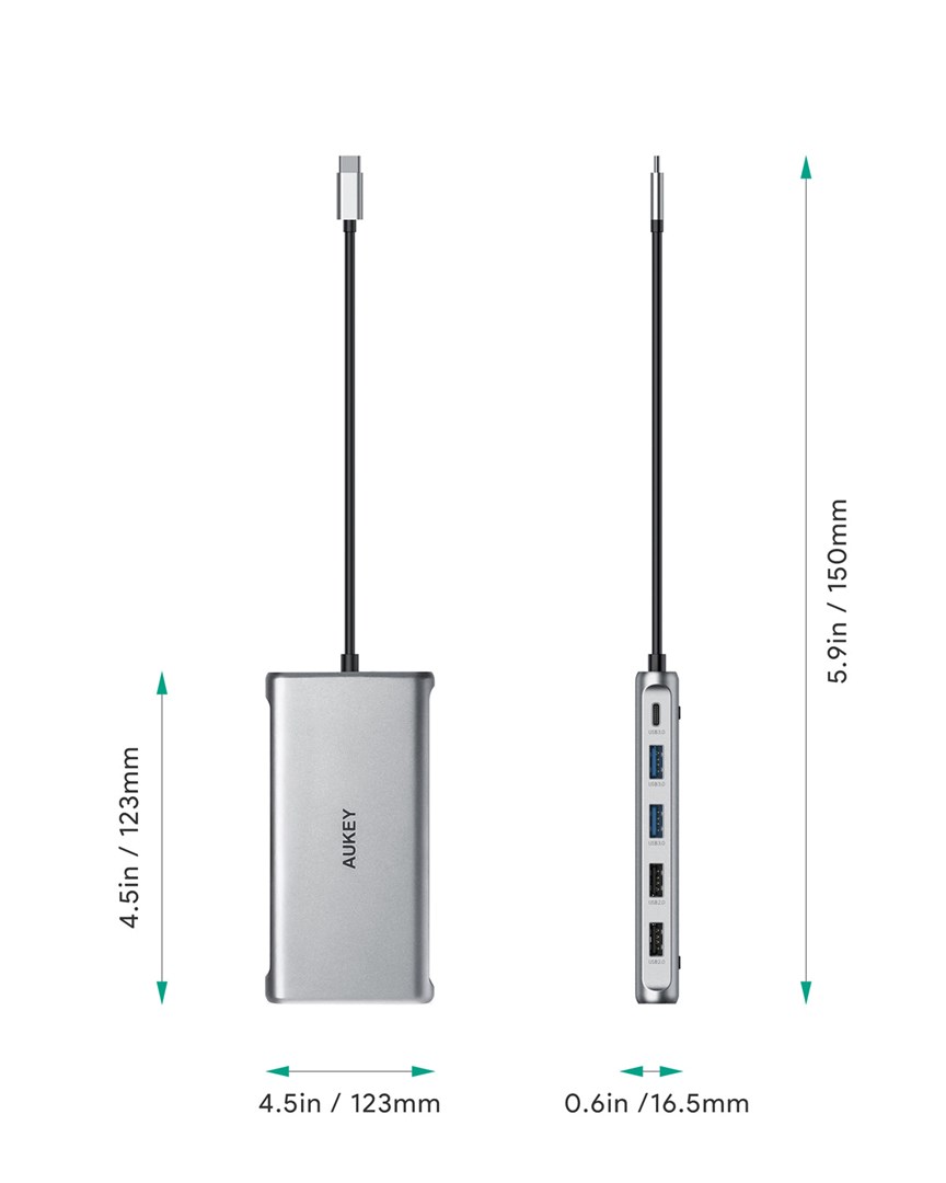 USB Hub Aukey CB-C78, 12-në-1, 5000 Mbit/s, RJ45, USB-C, i argjendtë