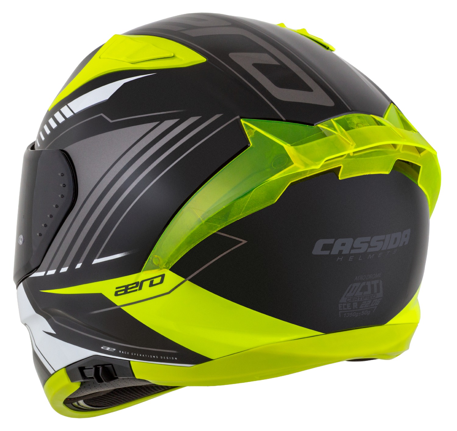 Helmetë moto CASSIDA Aero Drome, integrale, ECE 22.06, e zezë e verdhë fluo e bardhë gri