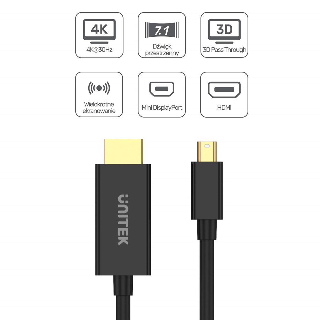Kabllo Mini DisplayPort në HDMI Unitek, 2m, 4K 30Hz, e zezë