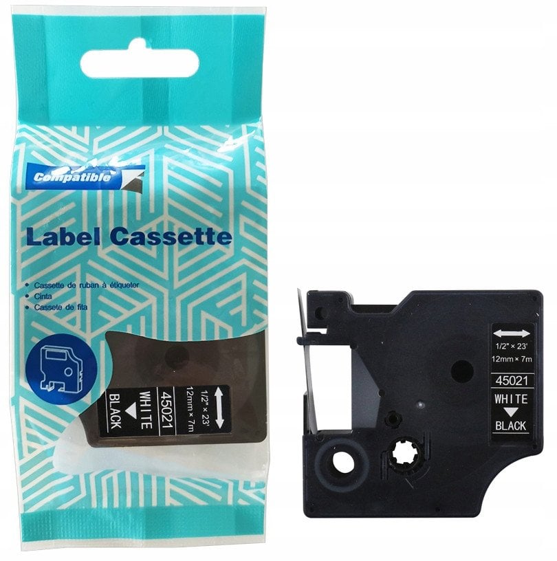 Shirit etiketime DYMO D1 45021, 12mm x 7m, tekst i bardhë në sfond të zi