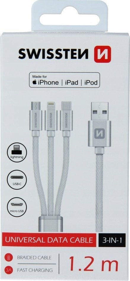 Kabllo karikimi Swissten Textile 3in1 MFi, 1.2m, Sync & Charge, e bardhë