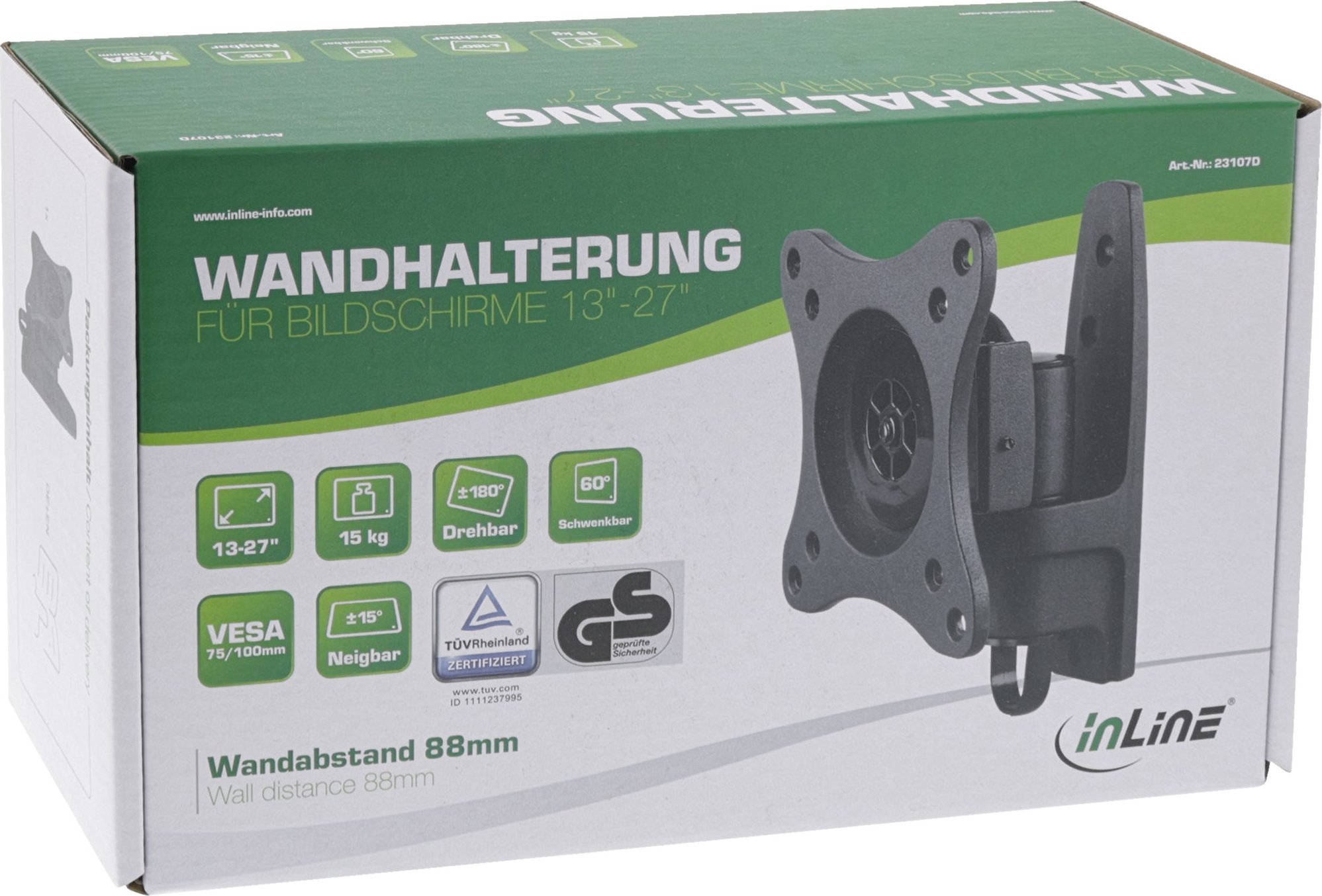 Mbajtëse murale për monitor InLine Wall Mount, 27", 15kg, e zezë