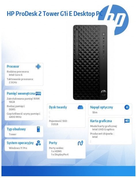 Kompjuter desktop HP ProDesk 2 Tower G1i, Intel Core i5-14400, 16GB RAM, 512GB SSD
