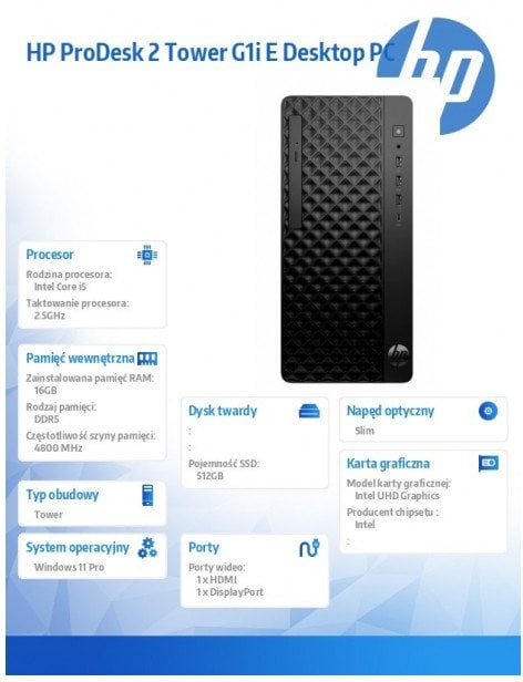 Kompjuter desktop HP ProDesk 2 Tower G1i, Intel Core i5, 16GB RAM, 512GB SSD