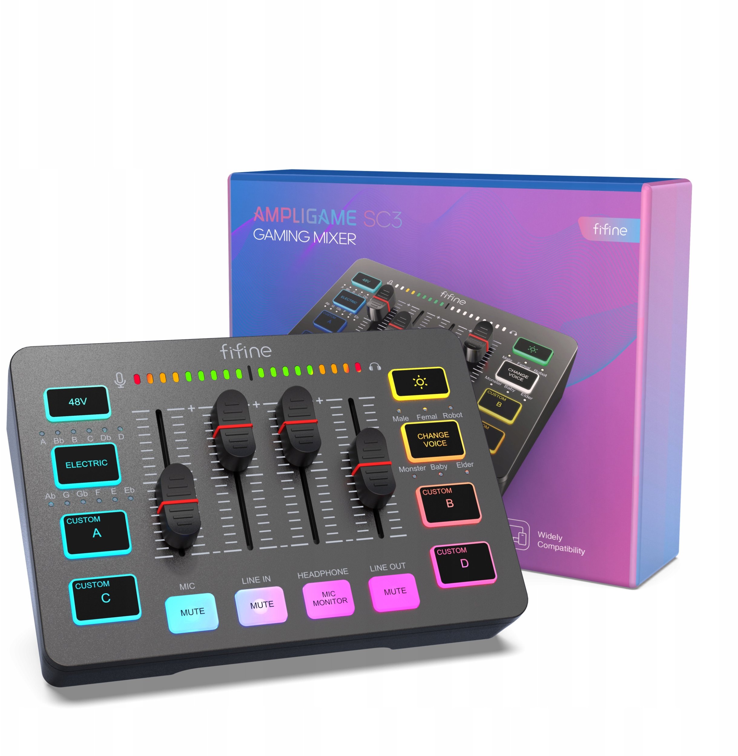 Mikser audio Fifine SC3, 2 kanale XLR, USB, RGB, i zi