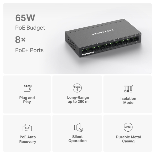Switch Mercusys 10-Port, 10/100Mbps, 8-Port PoE+, i zi