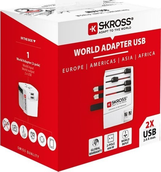 Adapter udhëtimi Skross World Adapter MUV, 2x USB 2.4A, 100 250V, i bardhë