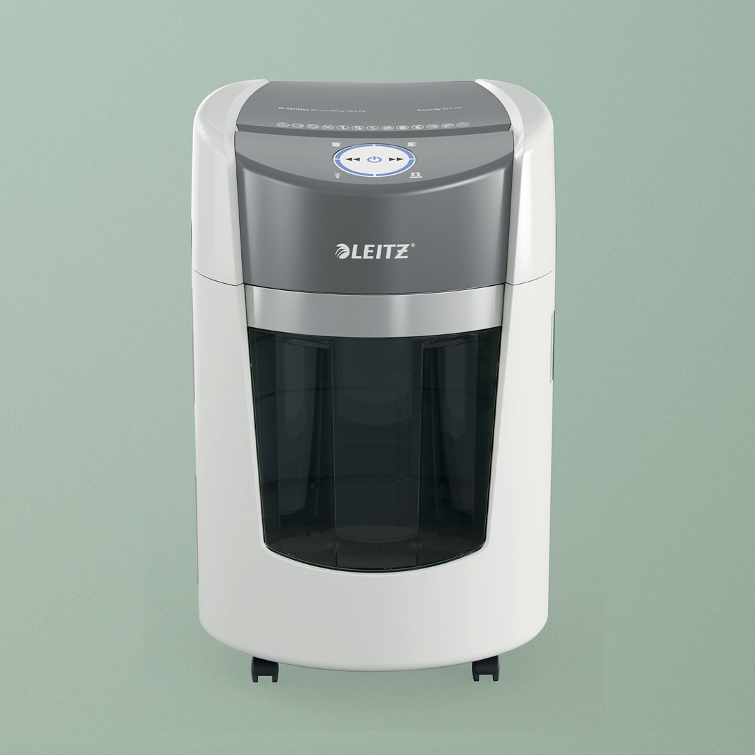 Shkatërrues dokumentesh Leitz IQ Optimax Small, kosh 22L, kapacitet 350 fletë A4, i bardhë gri