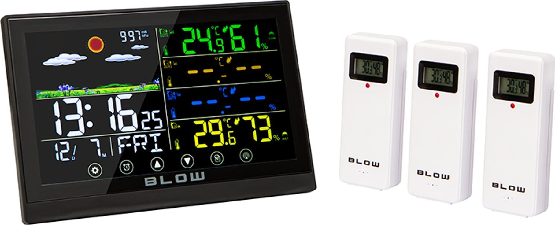 Stacion moti Hut, termometër higrometër orë, me 3 sensorë, i bardhë