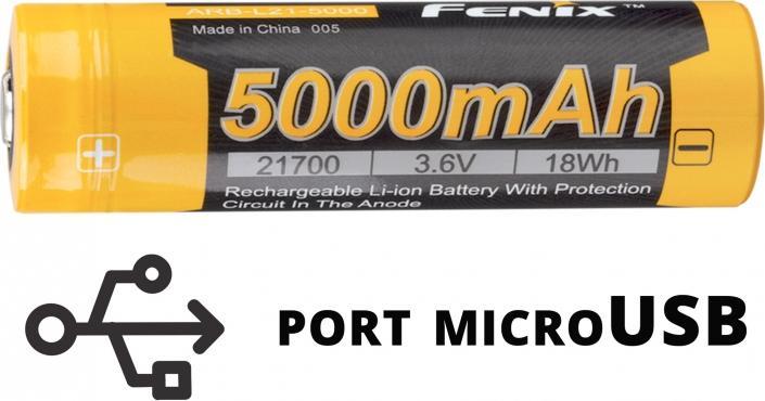 Bateri e rikarikueshme Fenix 21700, 5000mAh, 3.6V, me micro USB