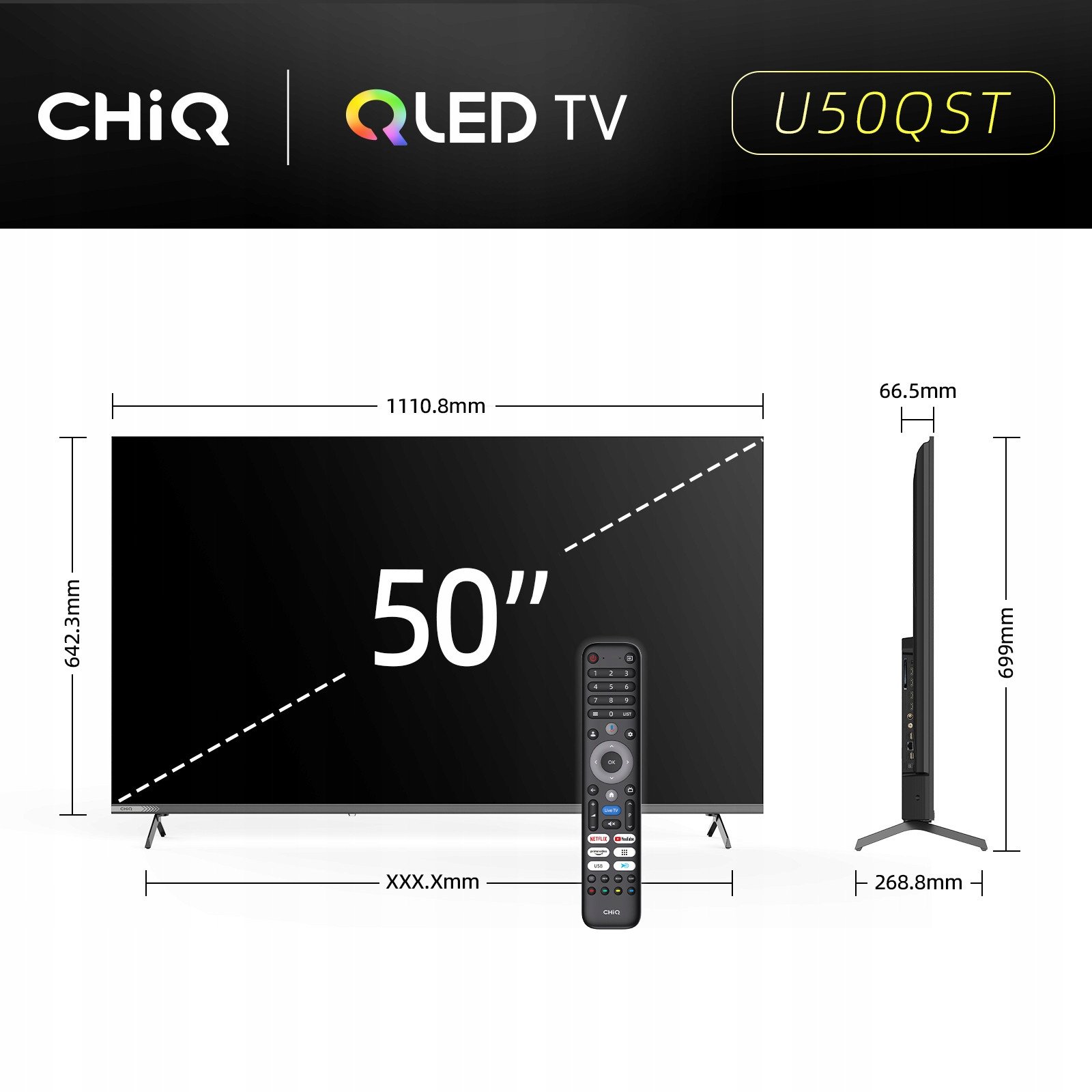 Televizor CHiQ U50QST, 50", 4K QLED, Google TV, i argjendtë