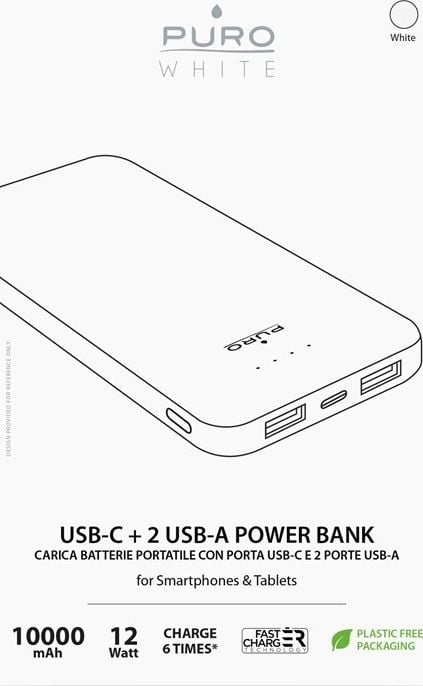 Karikues portativ Puro Power Bank 10000mAh, 3 dalje USB USB C, i bardhë