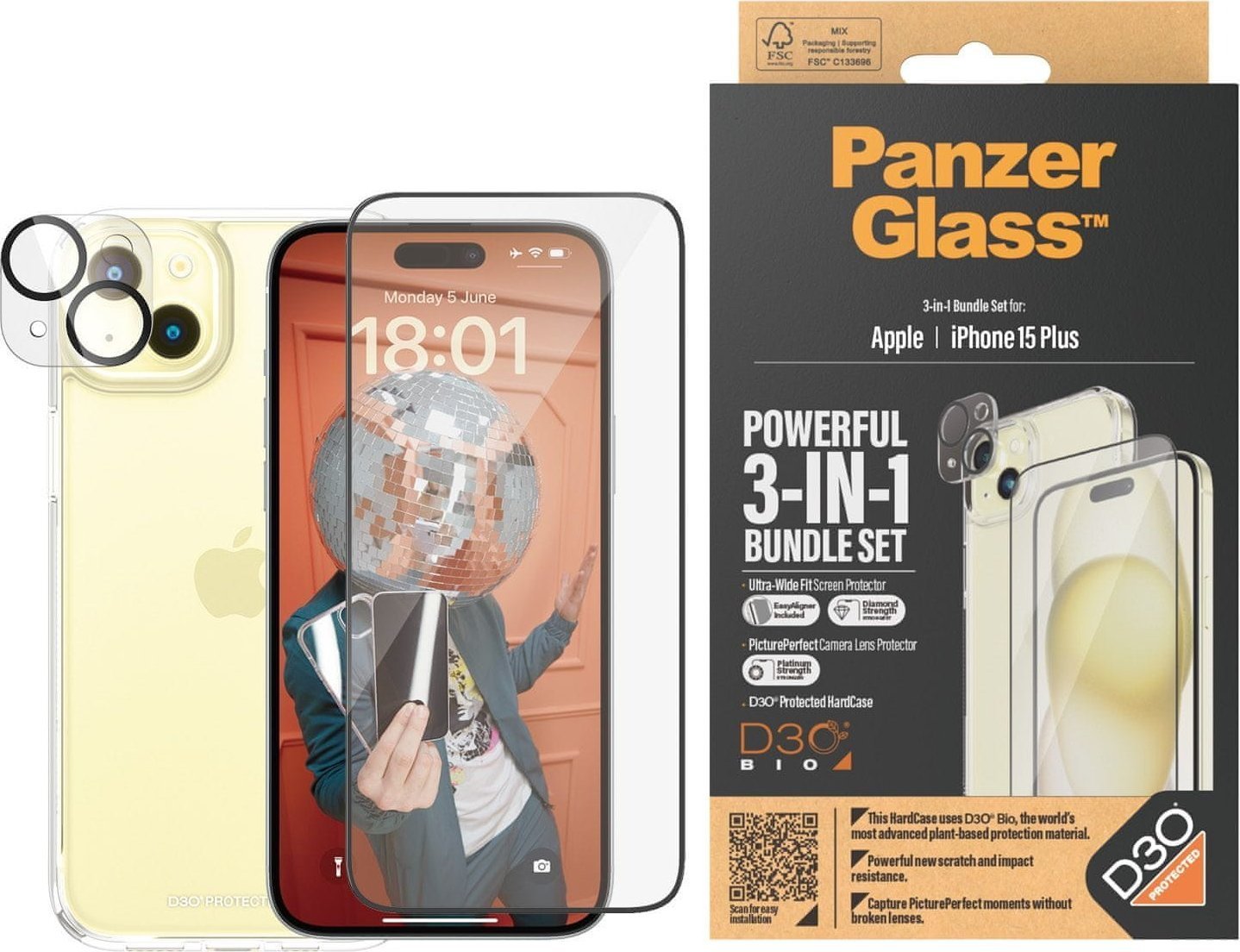 Set mbrojtës PanzerGlass 3 in 1 për iPhone 15 Plus, xham mbrojtës, mbrojtje për pjesën e pasme, transparent