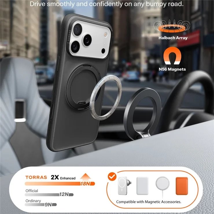 Mbrojtëse telefoni Torras Ostand R Fitness Series për iPhone 17 Pro Max, me unazë 360°, MagSafe, e zezë