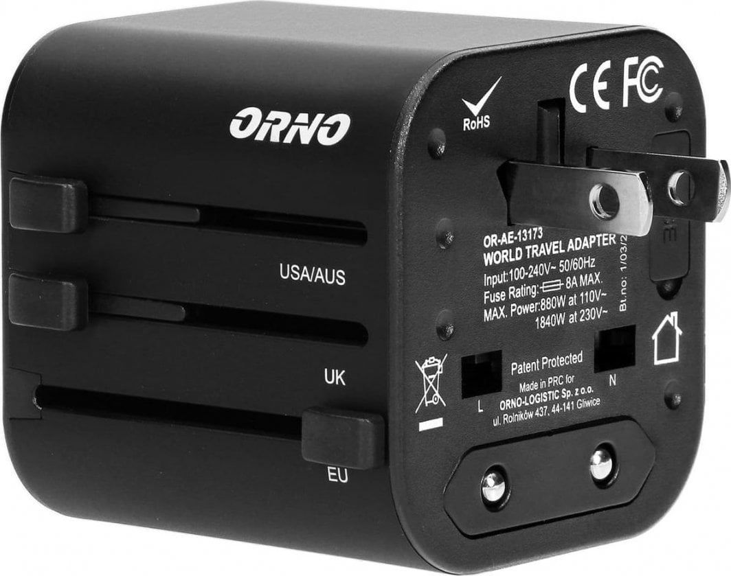 Adapter universal udhëtimi Orno GOworld TA-1, 100-240V, 8A, i zi
