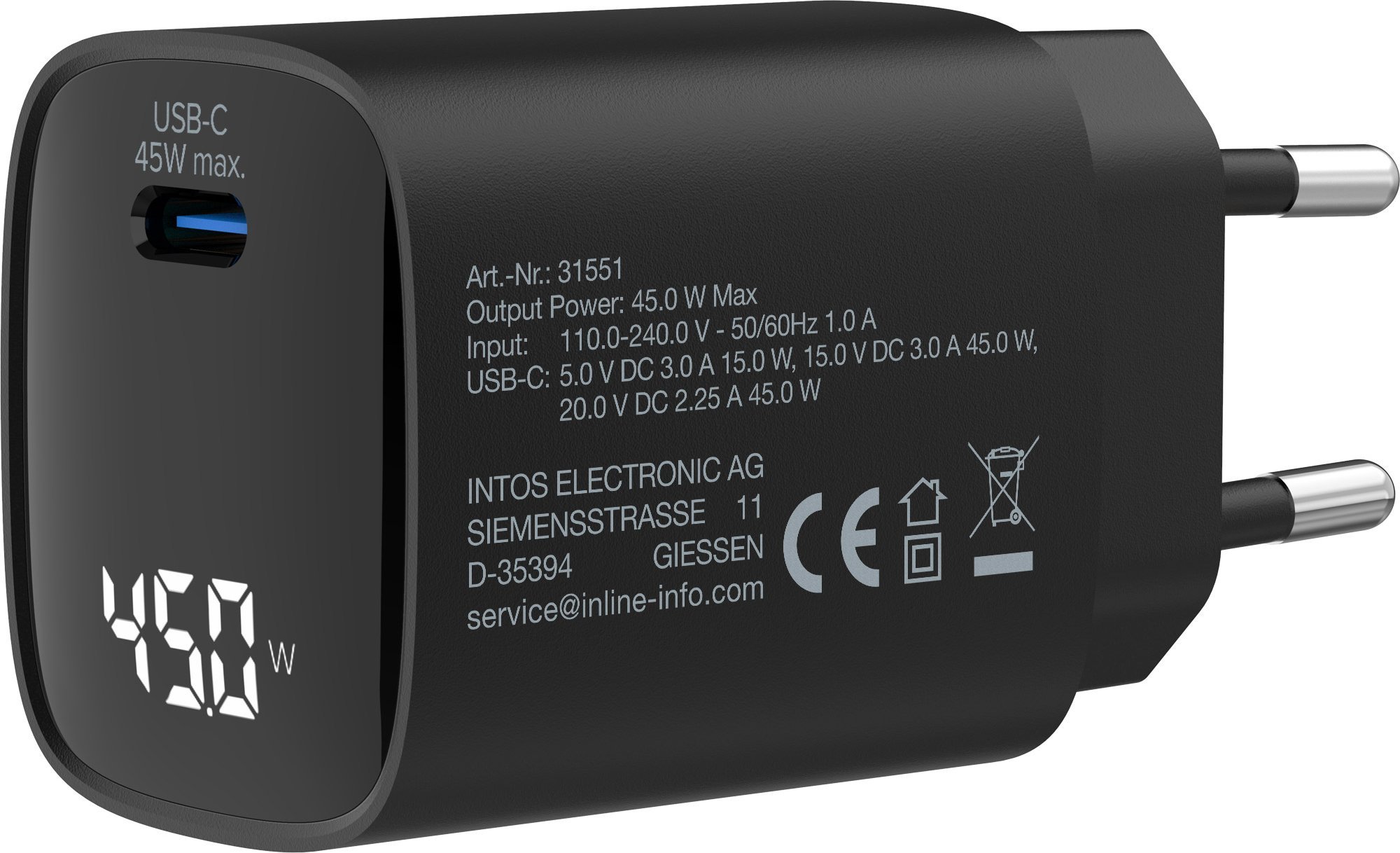 Karikues muri InLine, USB C, 45W PD GaN, me ekran, i bardhë