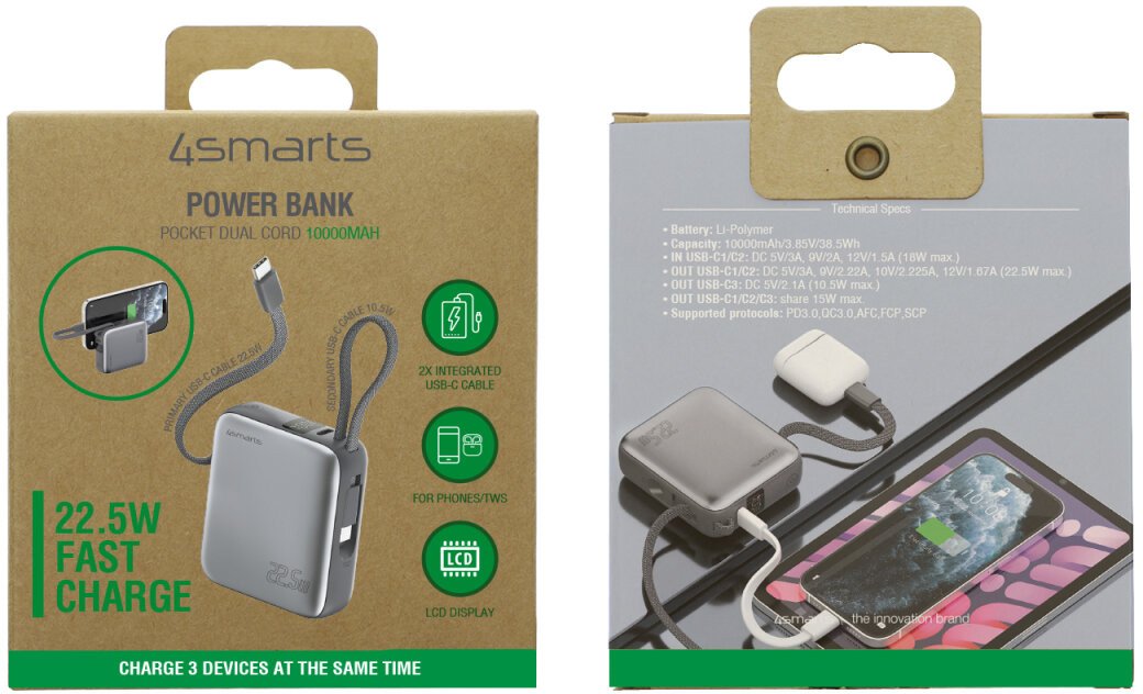 Powerbank 4smarts Pocket Dual Cord, 10000mAh, 22.5W, gri hapësinor