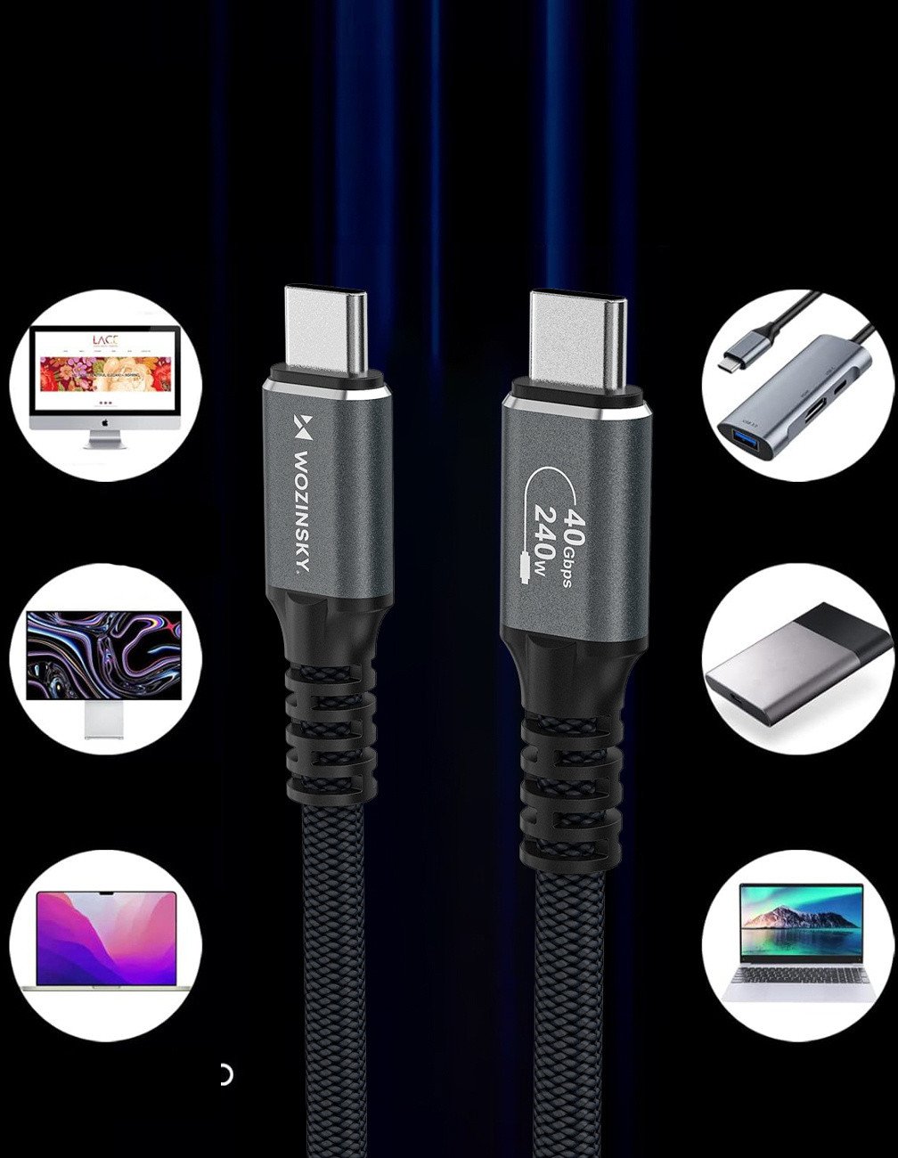 Kабел USB-C Wozinsky WPS-UY42S, Thunderbolt 4, 240W, 2m, црн