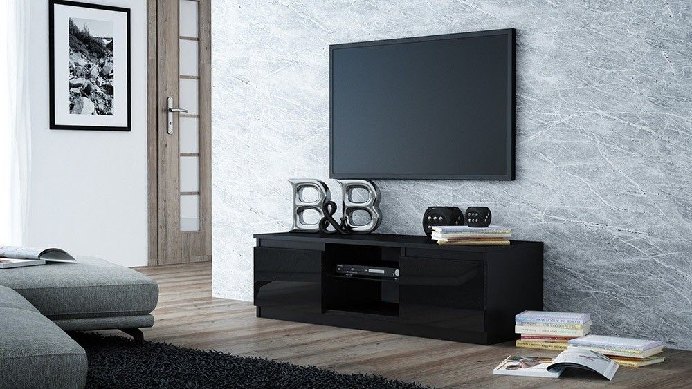 Kabinet TV Topeshop 120cm, me raft qelqi, shkëlqim, i zi