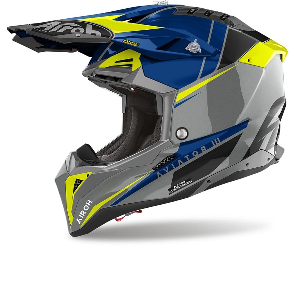 Каска за мотокрос Airoh Aviator 3 Push, јаглеродни влакна, големина L, сива сина неон жолта црна