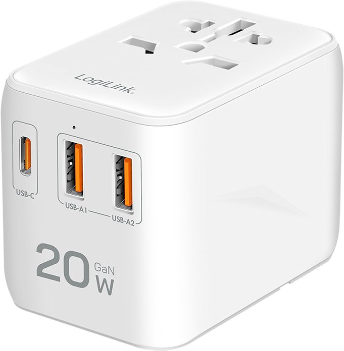 Адаптер за патување LogiLink PA0356, 20W GaN, USB-C и 2x USB-A, бел