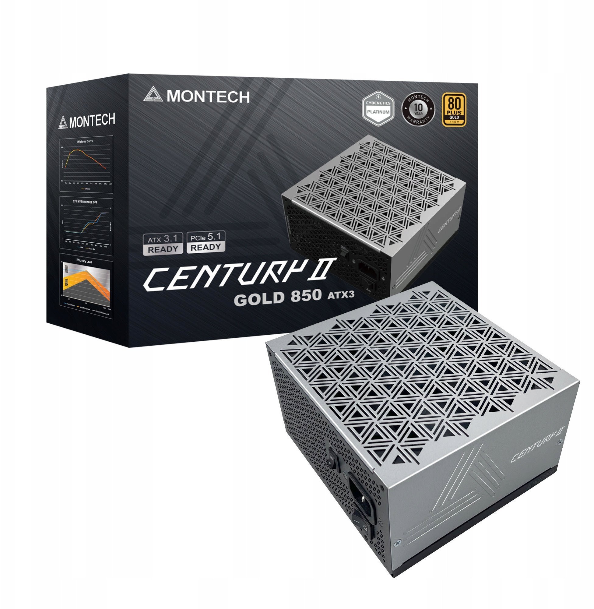 Furnizues energjie Montech Century II 850W, 80 Plus Gold, plotësisht modular, argjendtë