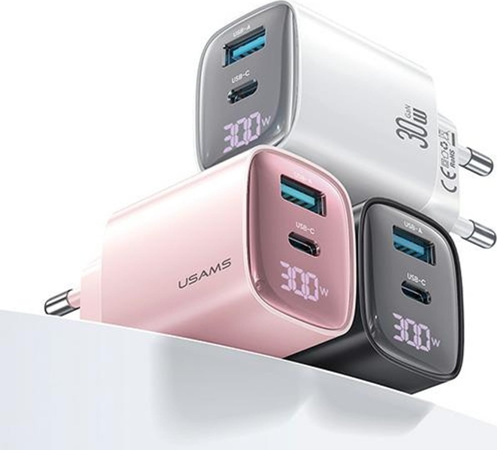 Karikues AC Usams CC229, 30W GaN, USB dhe USB C, i bardhë