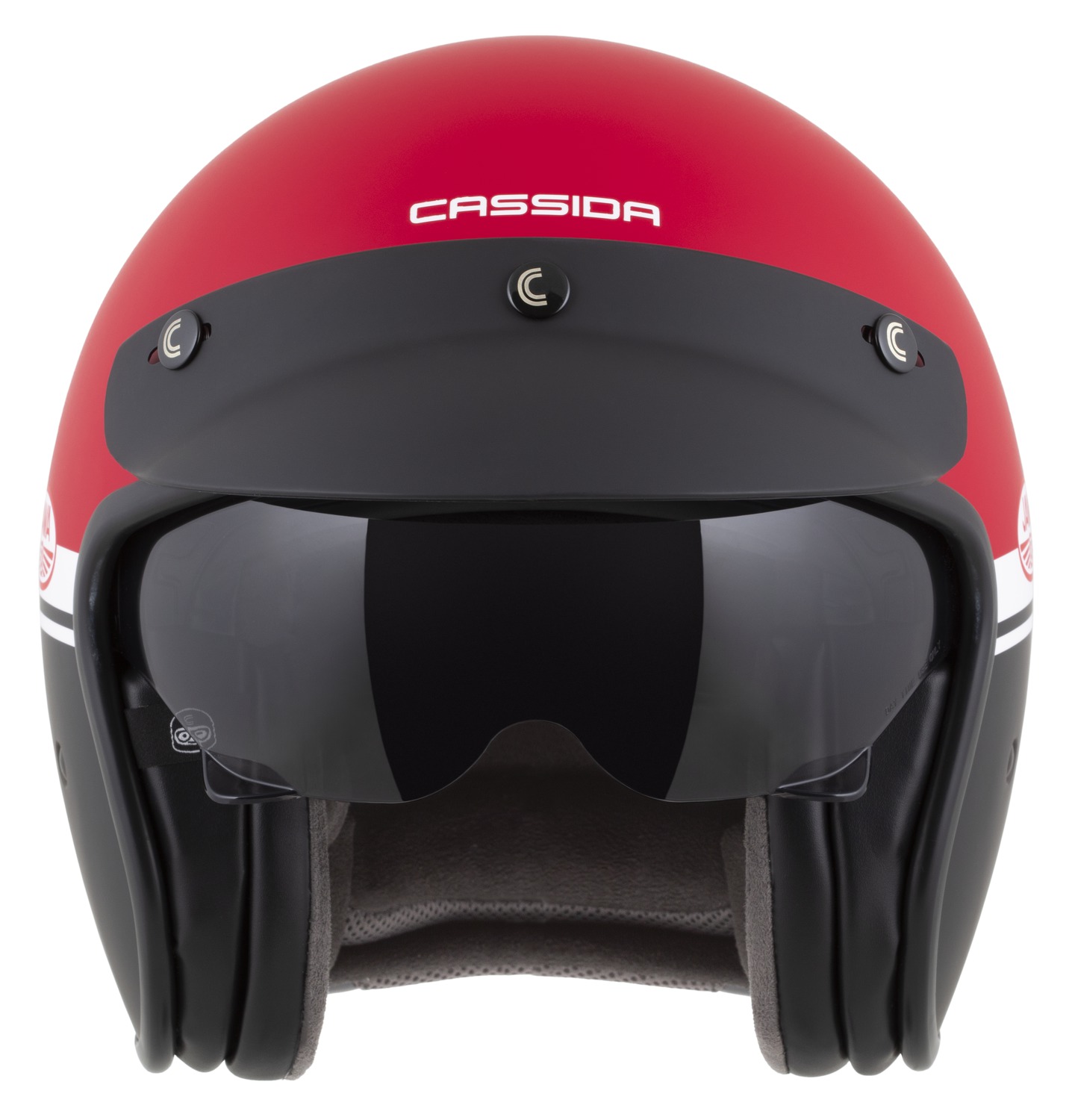 Helmetë moto CASSIDA Oxygen 2.0 Jawa OHC, polikarbonat, vizor dielli, e kuqe mat e zezë e bardhë