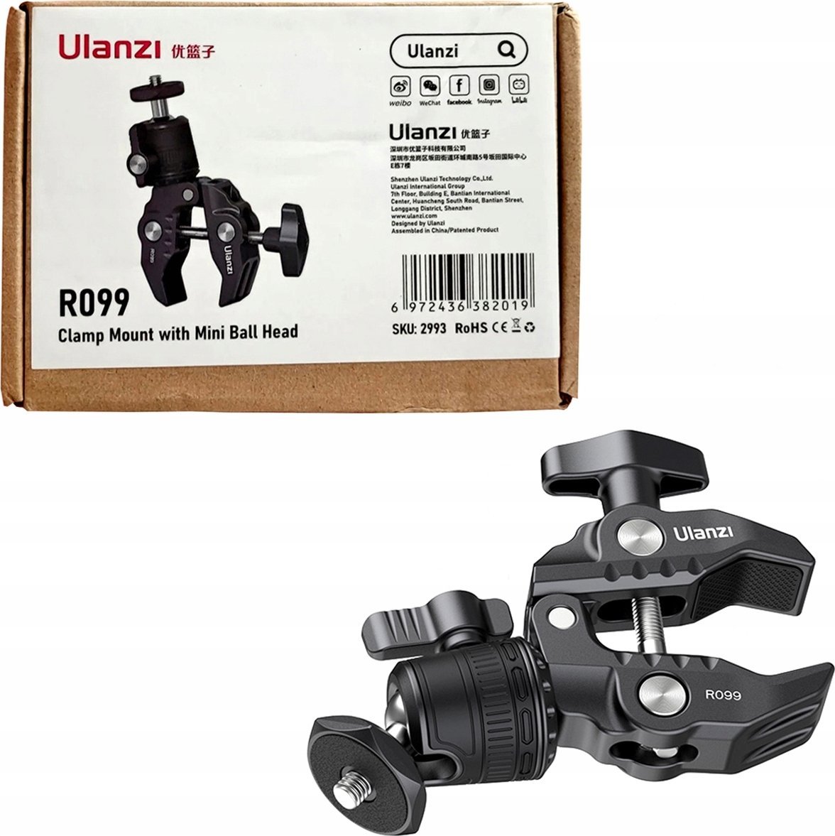 Dorezë kapëse me kokë rrotulluese Ulanzi R099, kapacitet 1.5 kg, montim 1/4", e zezë
