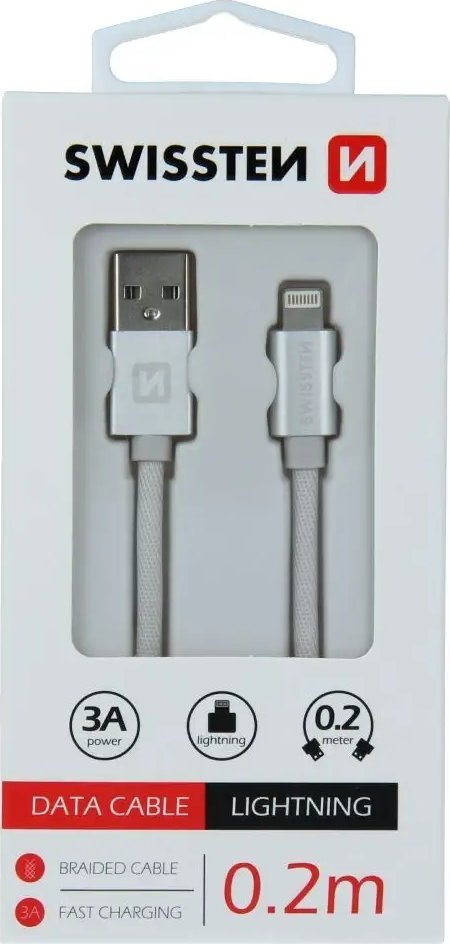 Kabllo Lightning Swissten Textile, 0.2m, USB 2.0, argjendtë