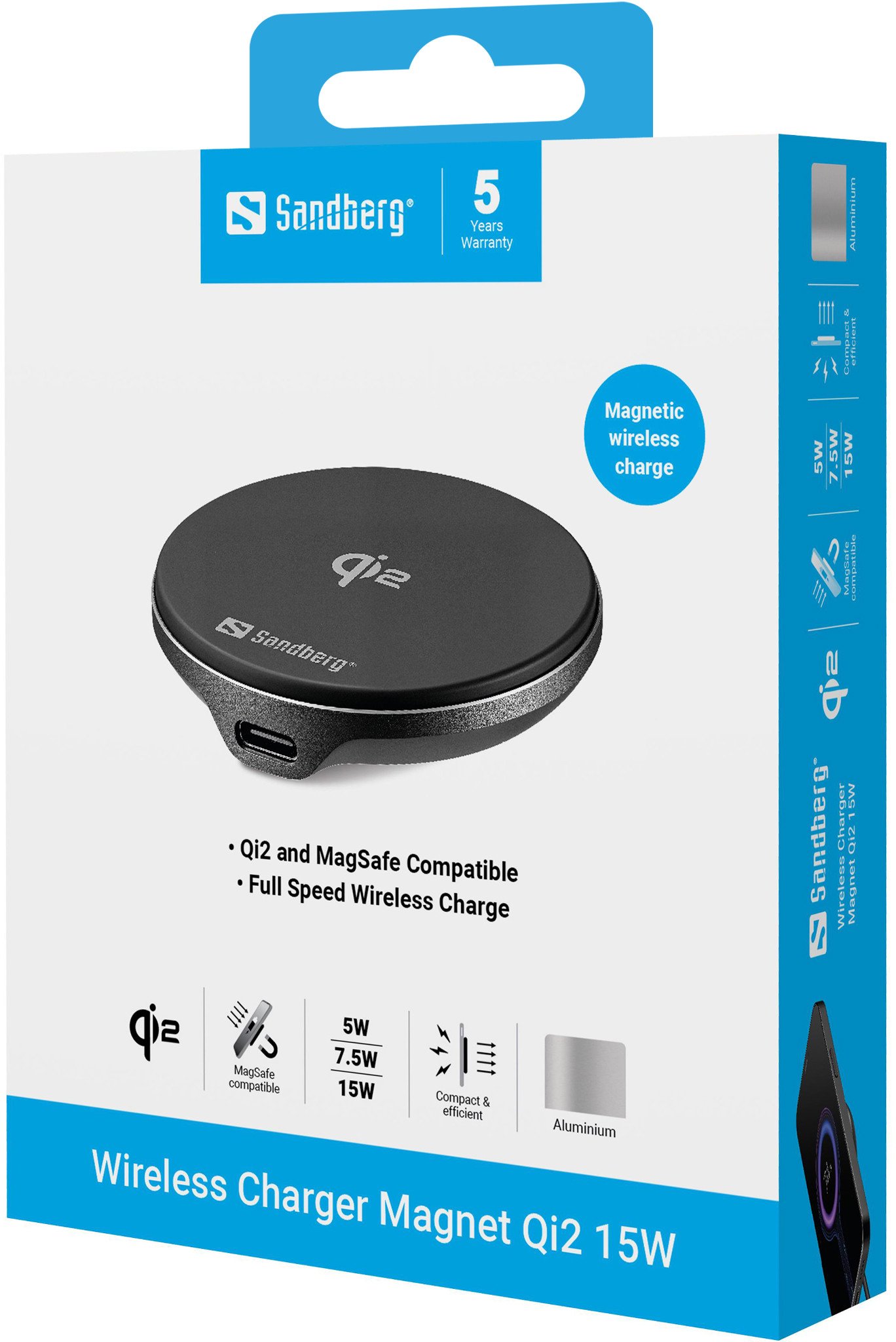 Karikues pa tela Sandberg Wireless Charger Magnet Qi2, 15W, magnetik, gri