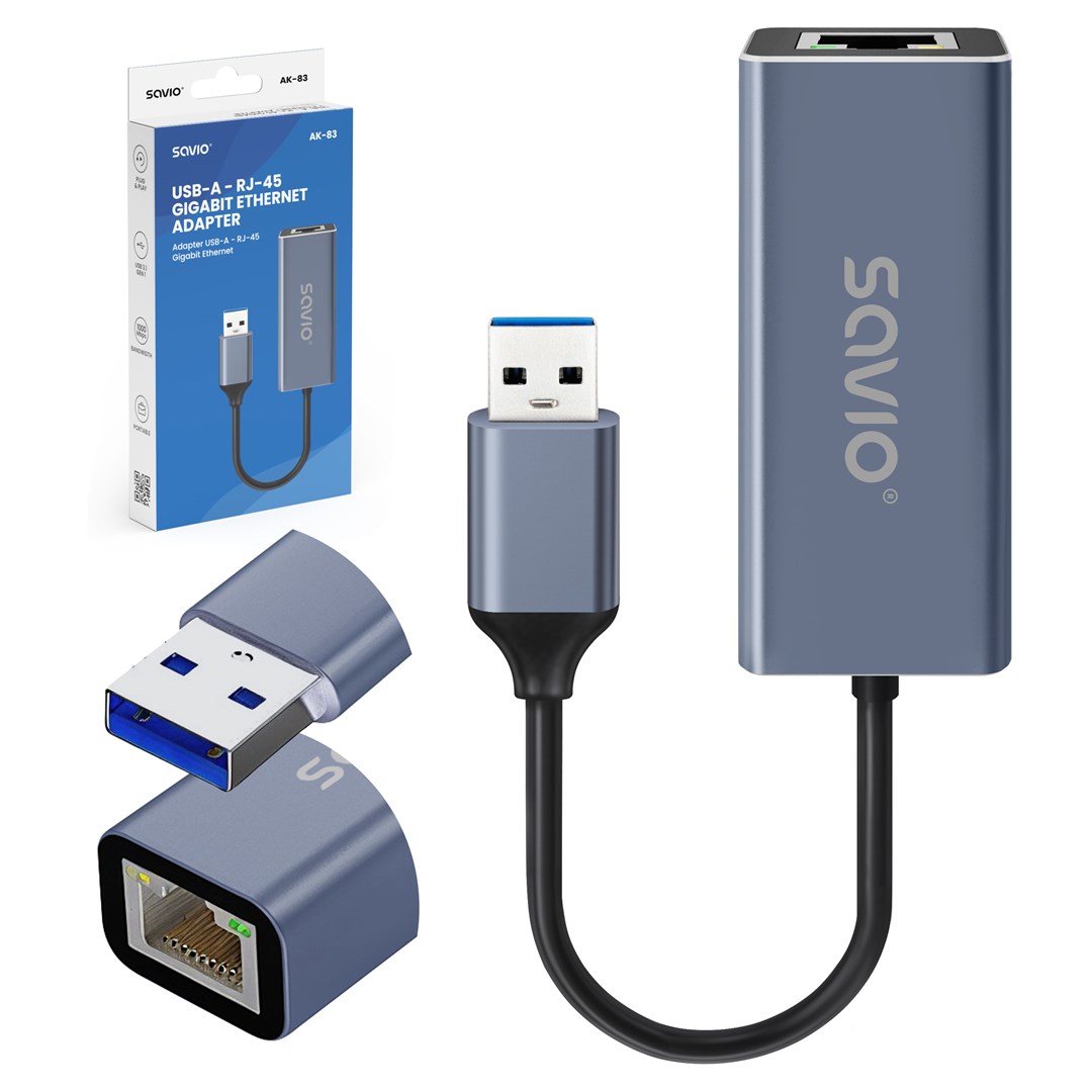 Adapter rrjeti Savio AK-83, USB 3.1 në RJ-45, 1 Gbps, i zi